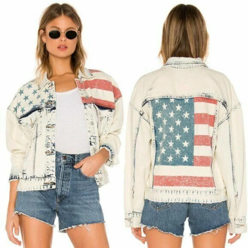 Blank NYC American Flag Red White Blue Distressed Button Denim Jacket Sz Small - Picture 2 of 12